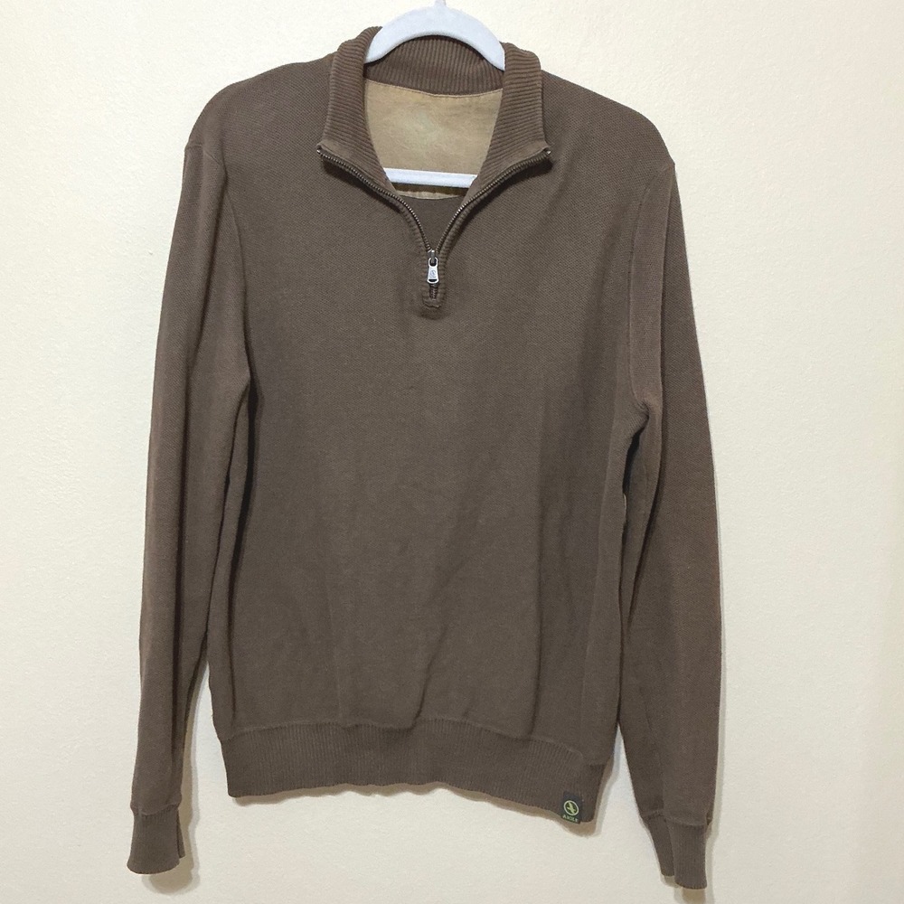 Aigle Mens Quarter Zip Pullover Sweater Brown Elbow Patch Long‎ Sleeve